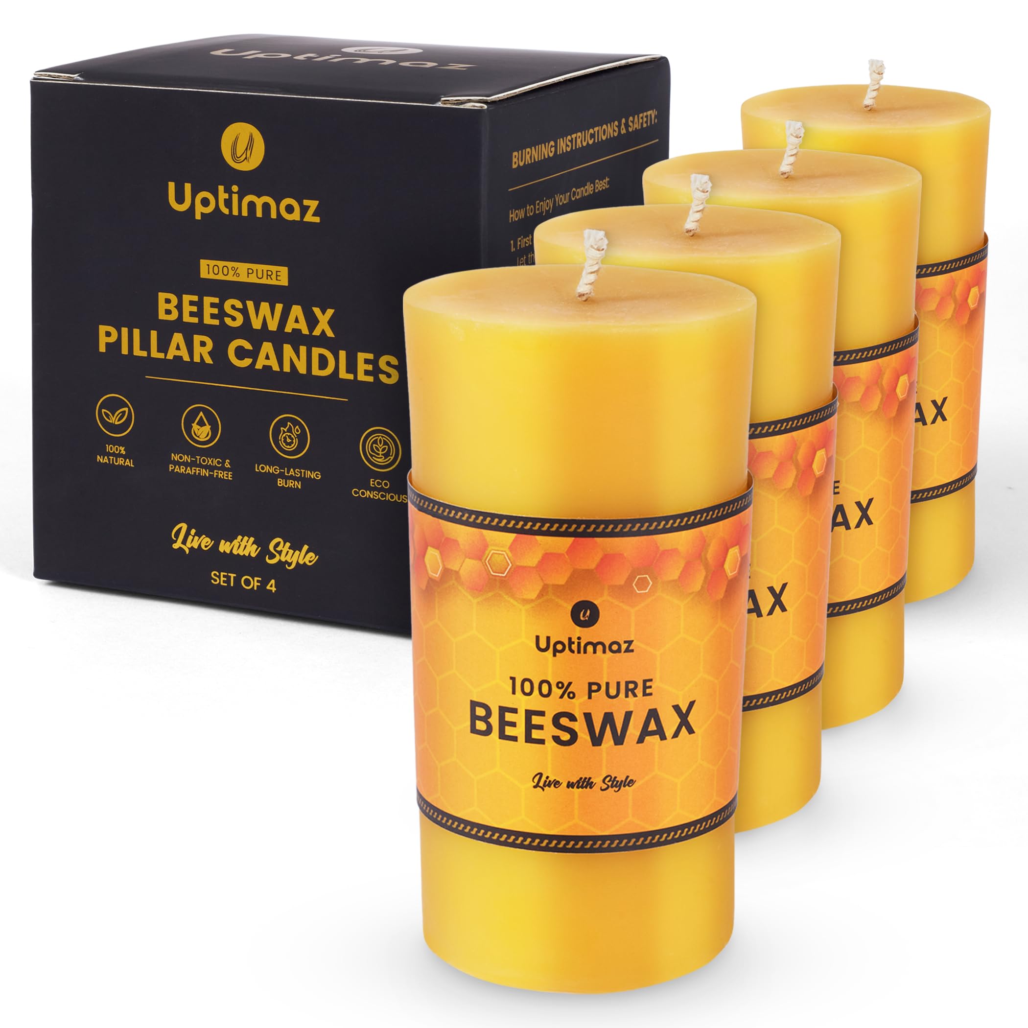 Uptimaz Beeswax Pillar Candles Set of 4, 2x4 Inch, 100% Beeswax Candle with Cotton Wick, Long Burning, Dripless Candle Bees Wax for Home, Décor, Prayer, Emergency