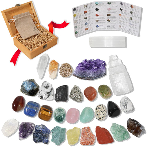 30 PCS Crystals and Stones Set, Natural Raw Healing Crystals and Tumbled Chakra Stones, Premium Protection Crystal Gift Kit Display in Wooden Box with Info Guide, Meditation, Yoga, Home Decor