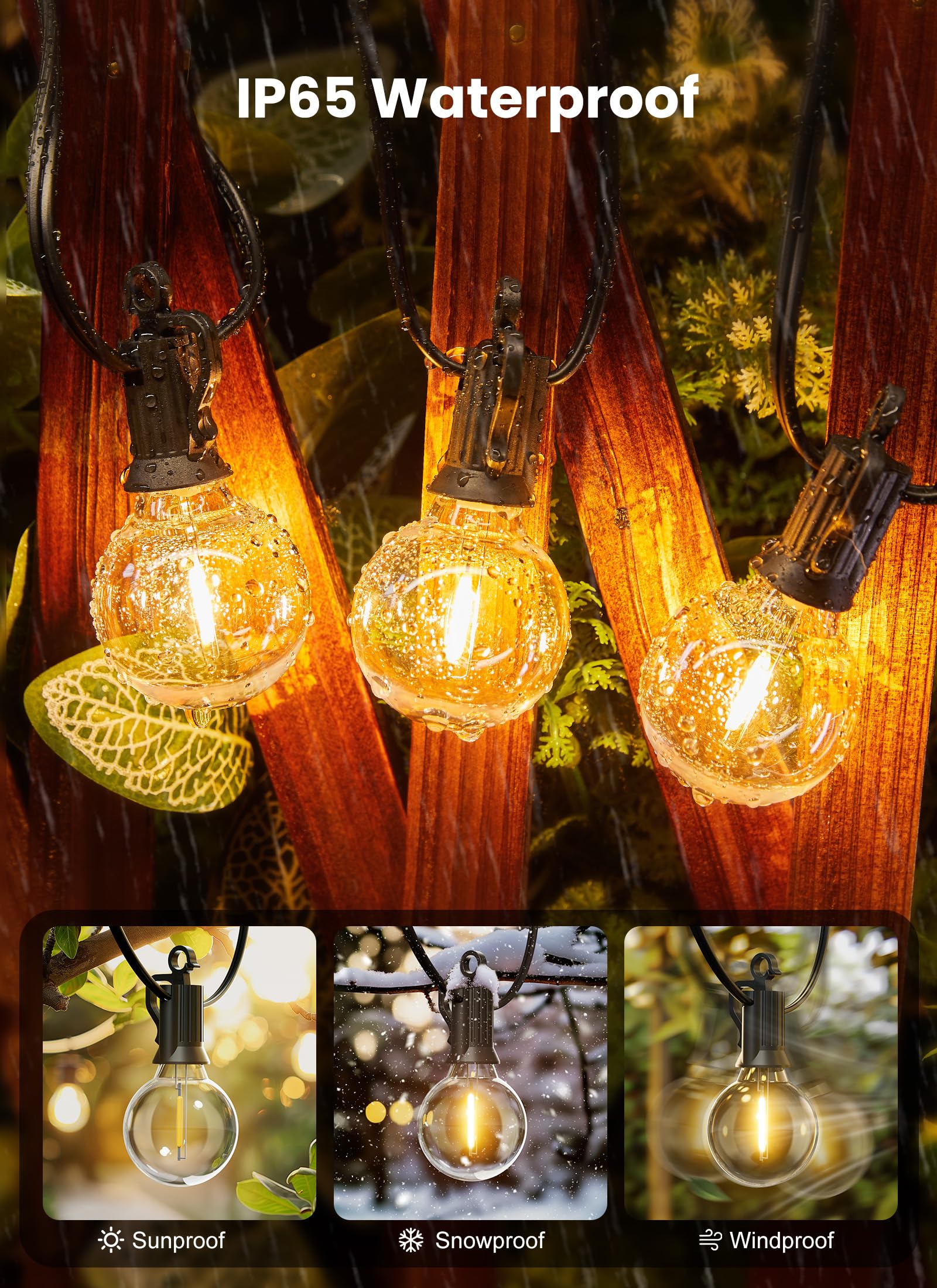 Brightown Outdoor String Lights, 50FT 25 G40 Bulbs Shatterproof Patio Lights, IP65 Waterproof Dimmable Hanging Connectable Globe LED Outdoor Lights for Backyard, Bistro, Porch, Deck, Balcony